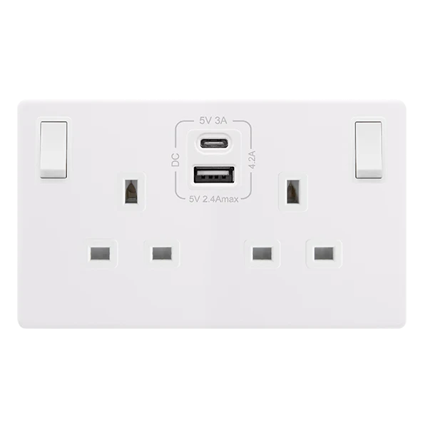 Screwless Plate Polar White 13A 2 Gang Switched Plug Socket With Type A + C Usb - White Insert