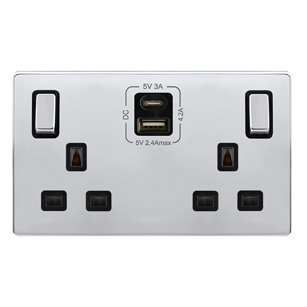Screwless Plate Polished Chrome 13A Ingot 2 Gang Switched Plug Socket With Type A + C Usb - Black Trim