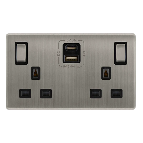 Screwless Plate Stainless Steel 13A Ingot 2 Gang Switched Plug Socket With Type A + C Usb - Black Trim