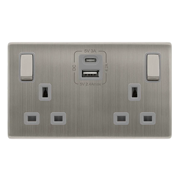 13A Ingot 2 Gang Switched Safety Shutter Socket With Type A + C Usb - Stainless Steel Cover Plate - Grey Insert - Screwless