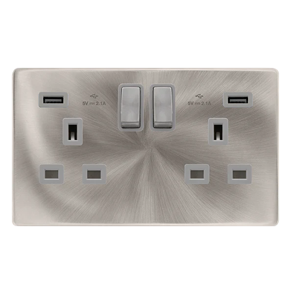 13A Ingot 2 Gang Switched Socket With 2.1A Usb Outlets - Brushed Steel Cover Plate - Grey Insert - Screwless
