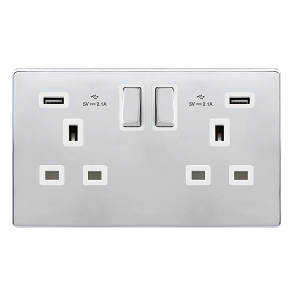 Screwless Plate Polished Chrome 13A Ingot 2 Gang Switched Plug Socket With 2.1A Usb Outlets - White Trim