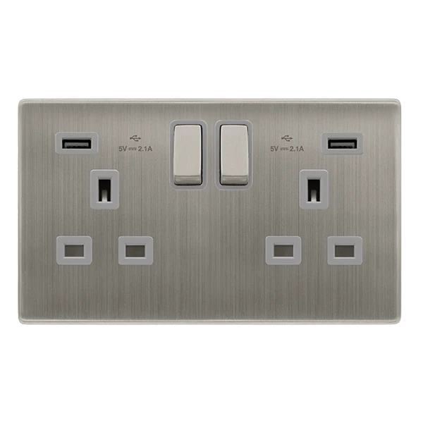 13A Ingot 2 Gang Switched Socket With 2.1A Usb Outlets - Stainless Steel Cover Plate - Grey Insert - Screwless