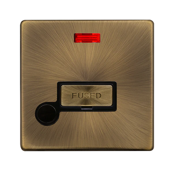 Screwless Plate Antique Brass 13A Ingot Fused Connection Unit With Neon + Optional Flex Outlet - Black Trim