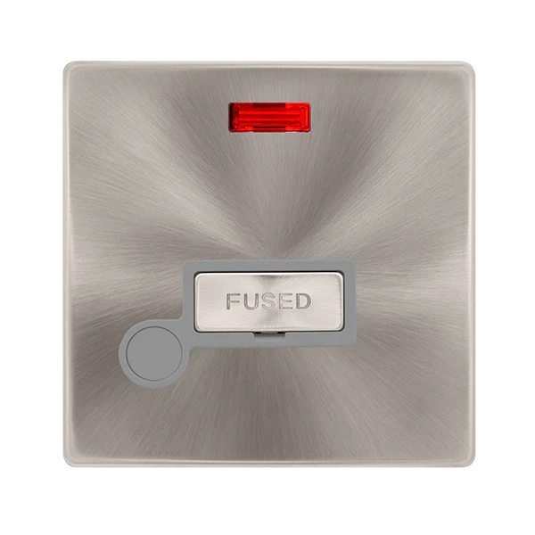 13A Ingot Fused Connection Unit With Neon + Optional Flex Outlet - Brushed Steel Cover Plate - Grey Insert - Screwless