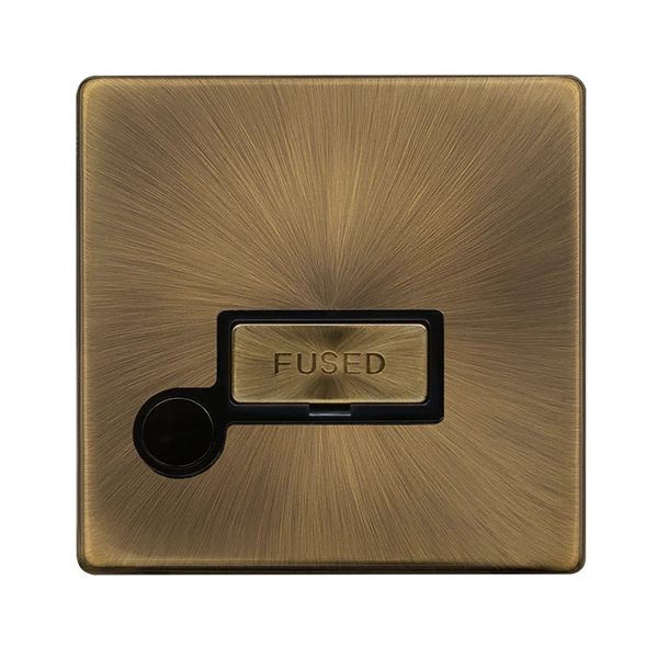 Screwless Plate Antique Brass 13A Ingot Fused Connection Unit With Optional Flex Outlet - Black Trim