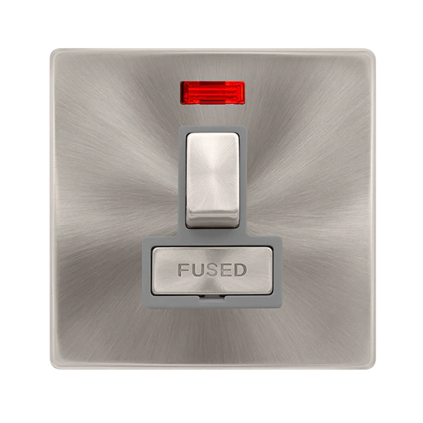 13A Ingot Switched Fused Connection Unit With Neon - Brushed Steel Cover Plate - Grey Insert - Screwless