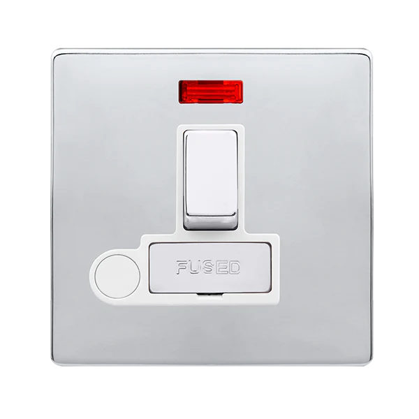 Screwless Plate Polished Chrome 13A Ingot Switched Fused Connection Unit With Neon + Optional Flex Outlet - White Trim
