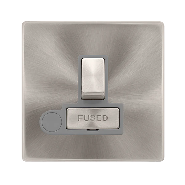 13A Ingot Switched Fused Connection Unit With Optional Flex Outlet - Brushed Steel Cover Plate - Grey Insert - Screwless