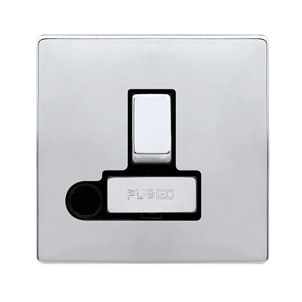 Screwless Plate Polished Chrome 13A Ingot Switched Fused Connection Unit With Optional Flex Outlet - Black Trim