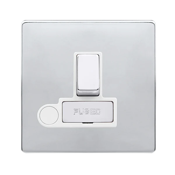 Screwless Plate Polished Chrome 13A Ingot Switched Fused Connection Unit With Optional Flex Outlet - White Trim