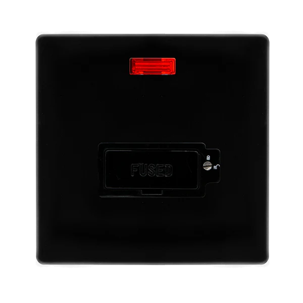 Screwless Plate Black Metal 13A Lockable Fused Spur Unit With Neon - Black Trim