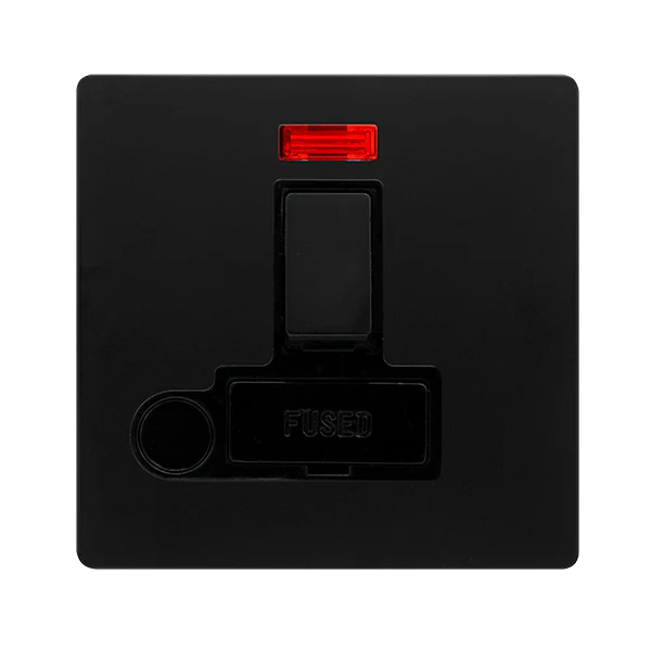 Screwless Plate Matt Black 13A Switched Fused Spur Unit With Neon + Optional Flex Outlet - Black Trim
