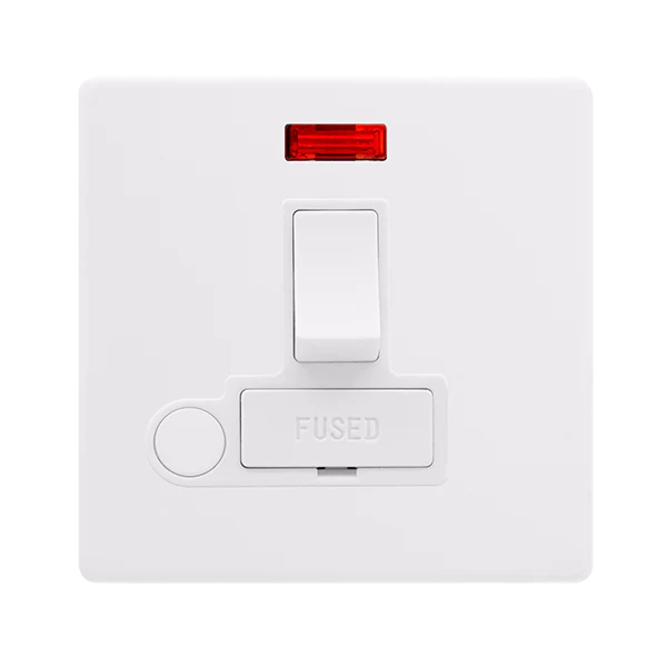 Screwless Plate Polar White 13A Switched Fused Spur Unit With Neon + Optional Flex Outlet - White Insert