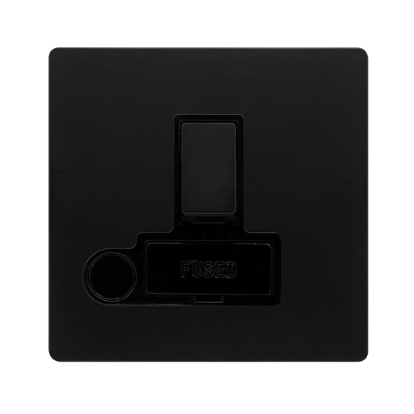 Screwless Plate Matt Black 13A Switched Fused Spur Unit With Optional Flex Outlet - Black Trim