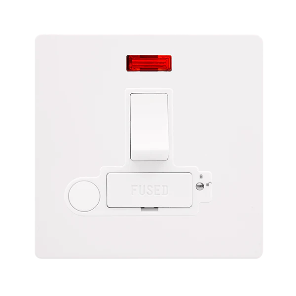 Screwless Plate White Metal 13A Switched Lockable Connection Unit With Neon + Optional Flex Outlet - White Trim