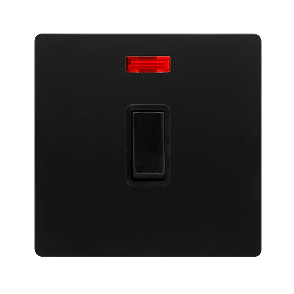 Screwless Plate Matt Black 20A Double Pole Switch With Neon - Black Trim