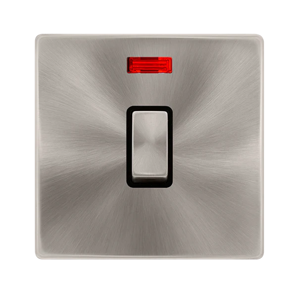 Screwless Plate Brushed Steel 20A Ingot Double Pole Switch With Neon - Black Trim