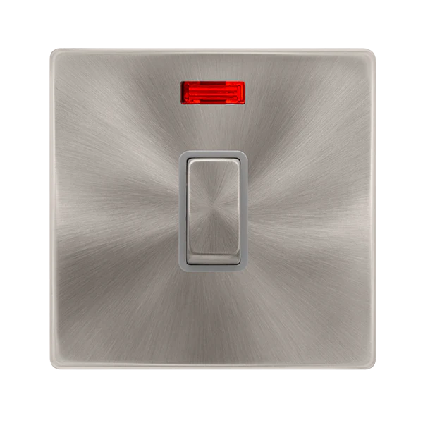 20A Ingot Double Pole Switch With Neon - Brushed Steel Cover Plate - Grey Insert - Screwless