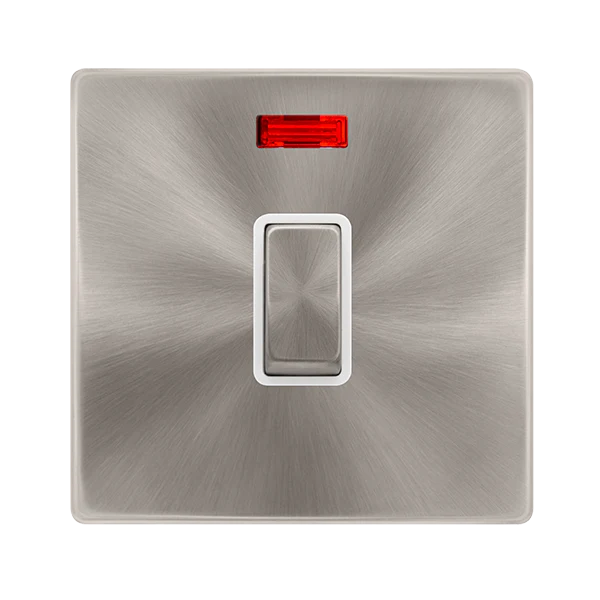 Screwless Plate Brushed Steel 20A Ingot Double Pole Switch With Neon - White Trim