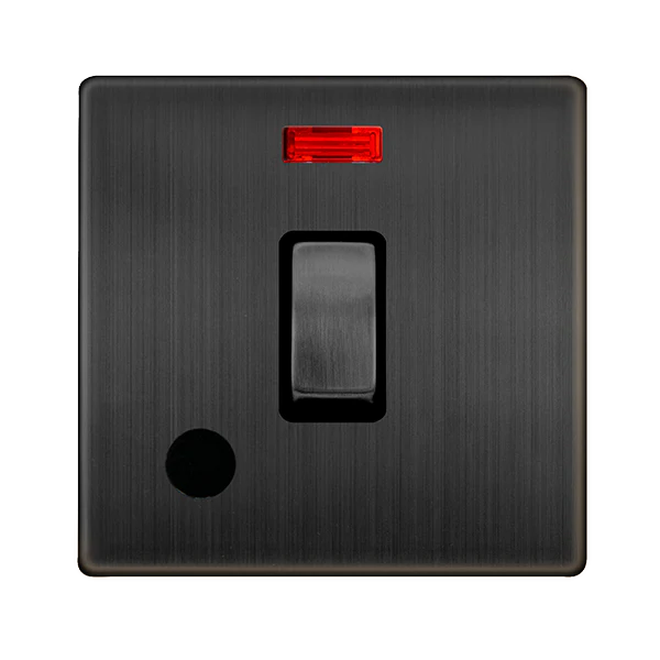 Screwless Plate Matt Bronze 20A Ingot Double Pole Switch With Neon + Flex Outlet - Black Trim