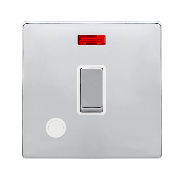 Screwless Plate Polished Chrome 20A Ingot Double Pole Switch With Neon + Flex Outlet - White Trim