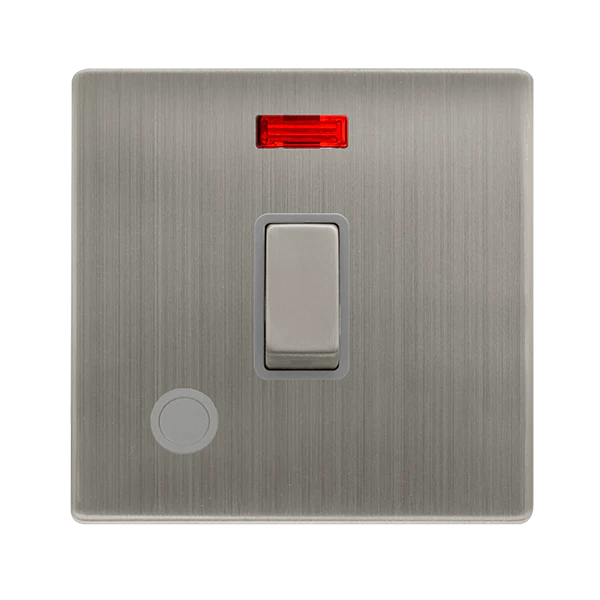 20A Ingot Double Pole Switch With Neon + Flex Outlet - Stainless Steel Cover Plate - Grey Insert - Screwless
