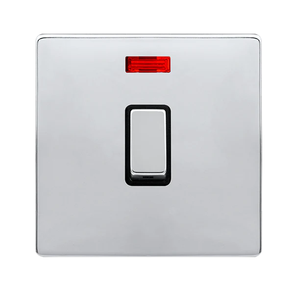 Screwless Plate Polished Chrome 20A Ingot Double Pole Switch With Neon - Black Trim