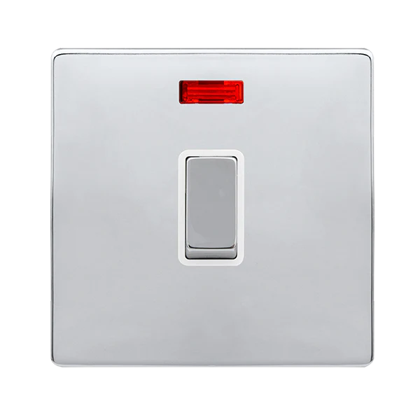 Screwless Plate Polished Chrome 20A Ingot Double Pole Switch With Neon - White Trim