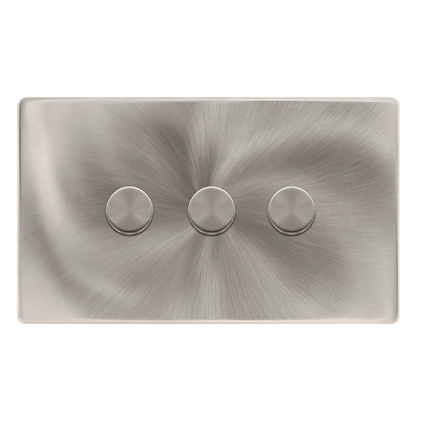 Screwless Plate Brushed Steel 3 Gang 2 Way LED 100W Trailing Edge Dimmer Light Switch