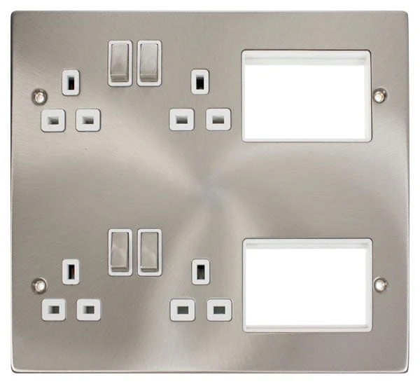 4 X 13A DP Switched Sockets Satin Chrome New Media Plate White Insert