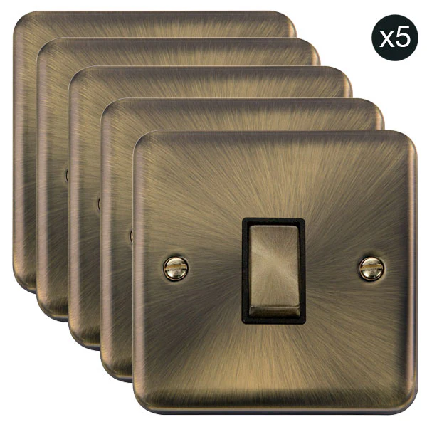 5 PACK - Curved Antique Brass 10AX Ingot 1 Gang 2 Way Light Switch - Black Trim