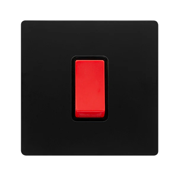 Screwless Plate Matt Black 50A 1 Gang Double Pole Switch - Black Trim