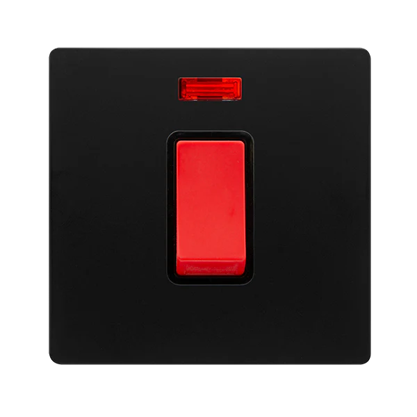 Screwless Plate Matt Black 50A 1 Gang Double Pole Switch With Neon - Black Trim