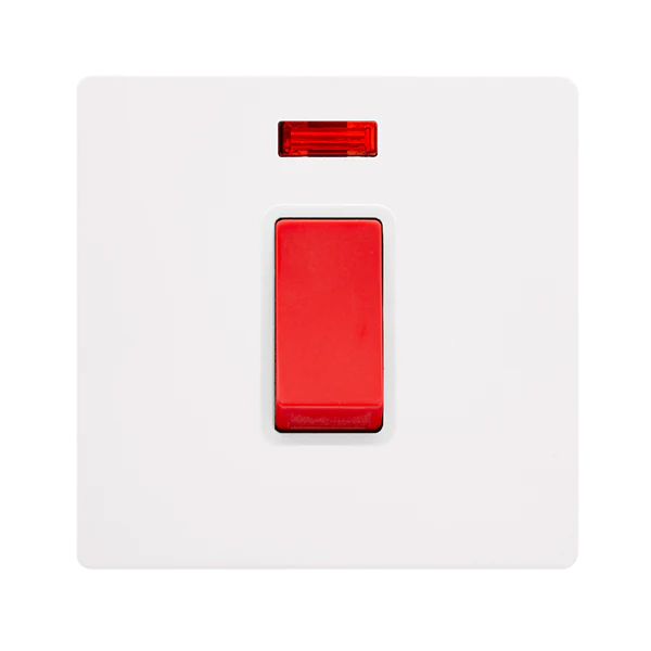 Screwless Plate White Metal 50A 1 Gang Double Pole Switch With Neon - White Trim