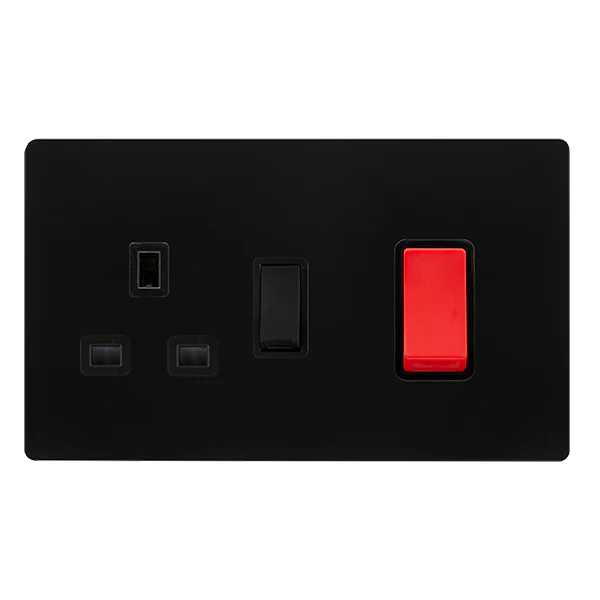 Screwless Plate Matt Black 50A Double Pole Switch With 13A Double Pole Switched Plug Socket - Black Trim