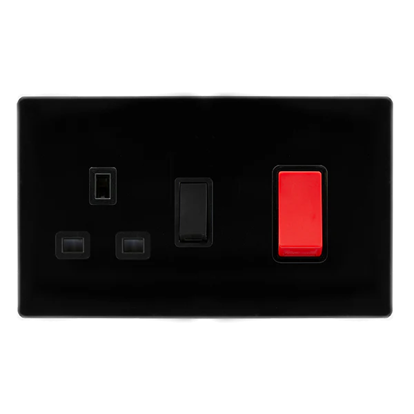 Screwless Plate Black Metal Screwless Plate Black Metal 50A Double Pole Switch With 13A Double Pole Switched Plug Socket -  Black Trim