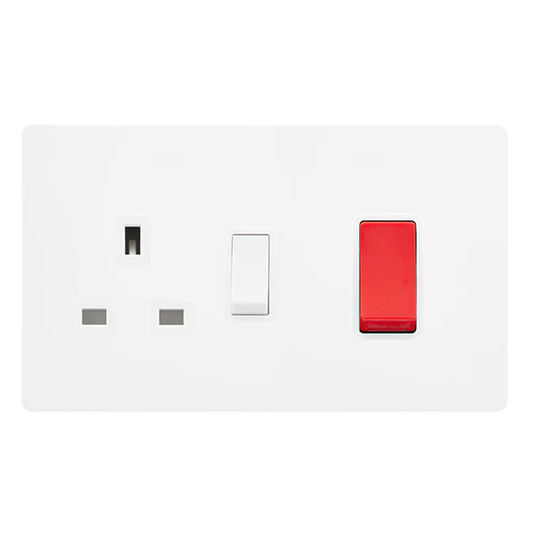Screwless Plate White Metal 50A Double Pole Switch With 13A Double Pole Switched Plug Socket - White Trim