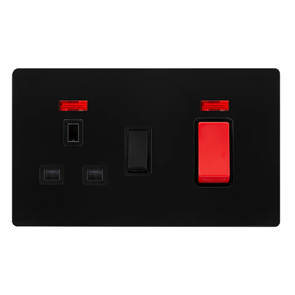 Screwless Plate Matt Black 50A Double Pole Switch With 13A Double Pole Switched Plug Socket + Neon - Black Trim