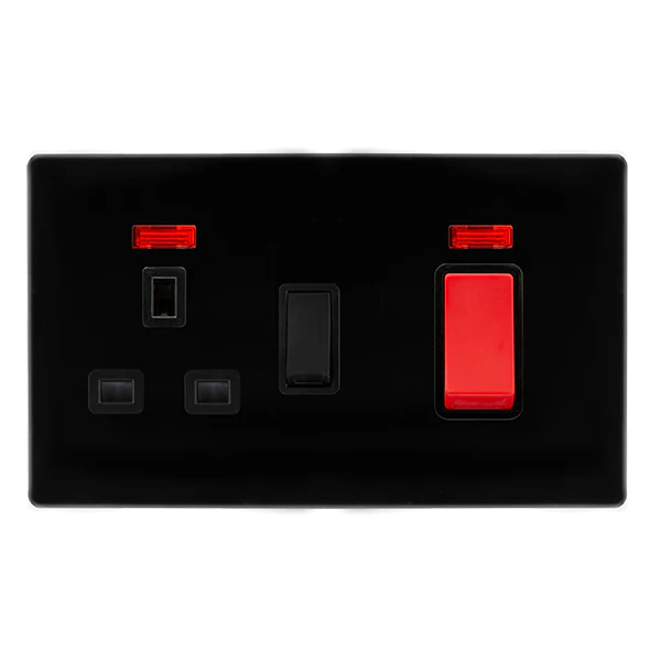 Screwless Plate Black Metal 50A Double Pole Switch With 13A Double Pole Switched Plug Socket + Neon - Black Trim