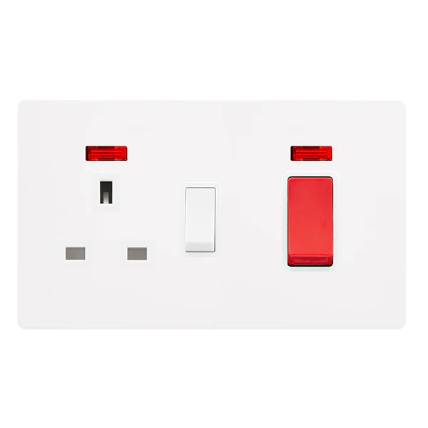 Screwless Plate White Metal 50A Double Pole Switch With 13A Double Pole Switched Plug Socket + Neon - White Trim