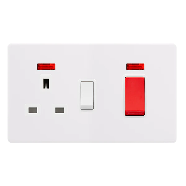 Screwless Plate Polar White 50A Double Pole Switch With 13A Double Pole Switched Plug Socket + Neon - White Insert