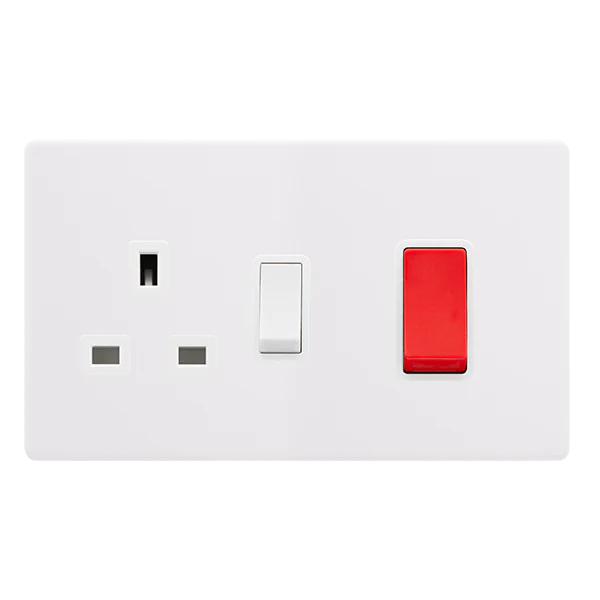 Screwless Plate Polar White 50A Double Pole Switch With 13A Double Pole Switched Plug Socket - White Insert