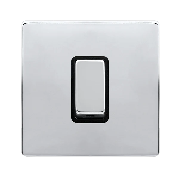 Screwless Plate Polished Chrome 50A Ingot 1 Gang Double Pole Switch - Black Trim