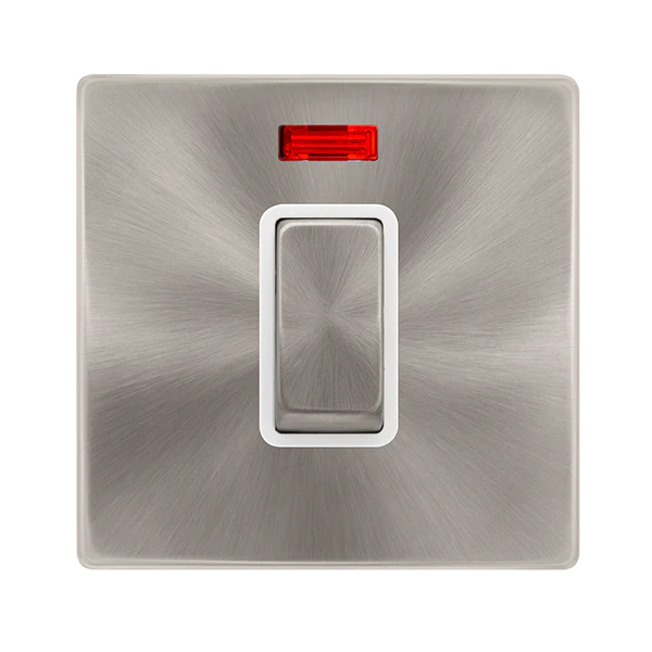 Screwless Plate Brushed Steel 50A Ingot 1 Gang Double Pole Switch With Neon -  White Trim
