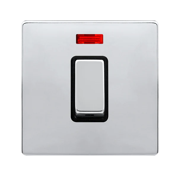 Screwless Plate Polished Chrome 50A Ingot 1 Gang Double Pole Switch With Neon -  Black Trim