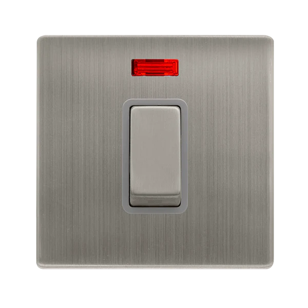50A Ingot 1 Gang Double Pole Switch With Neon -  Stainless Steel Cover Plate - Grey Insert - Screwless