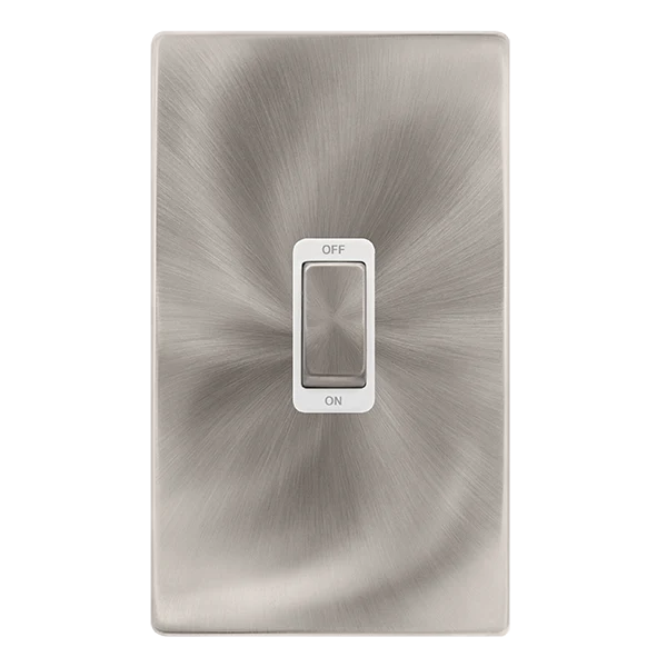 Screwless Plate Brushed Steel 50A Ingot 2 Gang Double Pole Switch - White Trim