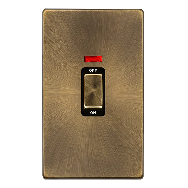Screwless Plate Antique Brass 50A Ingot 2 Gang Double Pole Switch With Neon - Black Trim