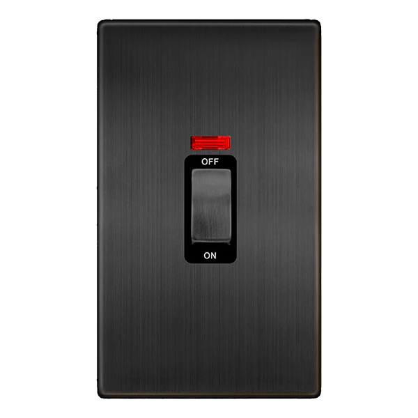 Screwless Plate Matt Bronze 50A Ingot 2 Gang Double Pole Switch With Neon - Black Trim